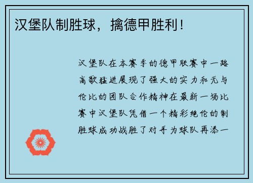 汉堡队制胜球，擒德甲胜利！